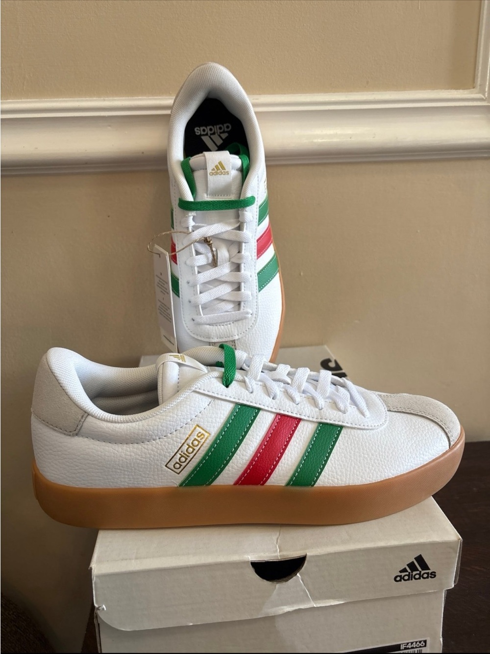 adidas White Sneakers with Green & Red Stripes
